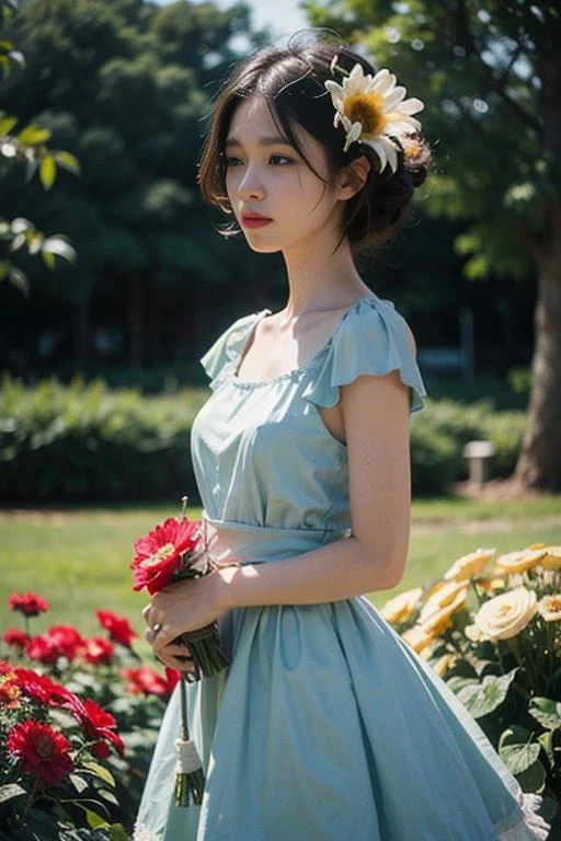 woman, flower dress, colorful, darl background,flower armor,green theme,exposure blend, medium shot, bokeh, (hdr:1.4), high contrast, (cinematic, teal and orange:0.85), (muted colors, dim colors, soothing tones:1.3), low saturation,
