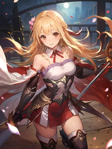 masterpiece,best quality,highres,cinematic lighting,dramatic angle,1girl,<lora:ShadowverseDionneV1-000015:0.8> ,dual wielding,fence,sword,holding weapon,smile,brown eyes,blonde hair,long hair,petals,dynatic angle,action pose,ribbon,hair ornament,hair flower,detached sleeves,armor,pelvic curtain,short skirt,detached collar,boots,thighhighs,gauntlets,looking at viewer,cowboy shot,parted lips,depth of field,thick thighs,glowing