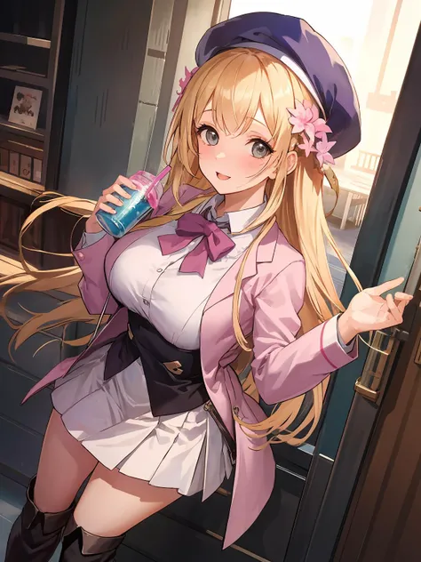 masterpiece,best quality,highres,cinematic lighting,dramatic angle,1girl,<lora:ShadowverseDionneV1-000015:0.8> ,smile,grey eyes,blonde hair,long hair,hair ornament,hair flower,bowtie,pleated collar,pink jacket,white shirt,white skirt,drink,holding drink,(:3:0.68),blush,looking at viewer,streetscape,depth of field,thick thighs,crowd,happy,beret,boots,cowboy shot