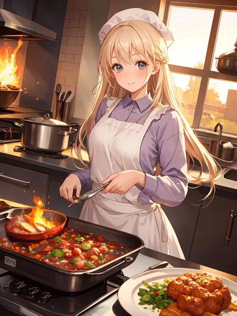 masterpiece,best quality,highres,cinematic lighting,dramatic angle,<lora:ShadowverseDionneV1-000015:0.8>,1girl,blonde hair,long hair,grey eyes,chef hat,pink and white spot colored apron,long sleeves,cooking,looking at viewer,happy,(:d:0.68),depth of field,fire,fry pan,gas cooker,cowboy shot