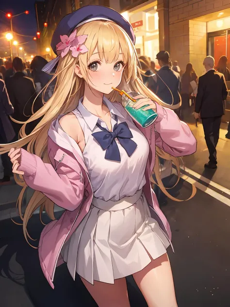 masterpiece,best quality,highres,cinematic lighting,dramatic angle,1girl,<lora:ShadowverseDionneV1-000015:0.8> ,smile,grey eyes,blonde hair,long hair,hair ornament,hair flower,bowtie,pleated collar,pink jacket,white shirt,white skirt,drink,holding drink,:3,blush,looking at viewer,streetscape,depth of field,thick thighs,crowd,happy,beret