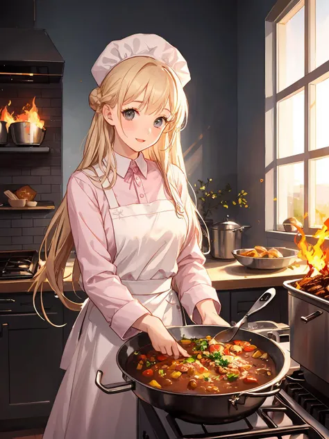 masterpiece,best quality,highres,cinematic lighting,dramatic angle,<lora:ShadowverseDionneV1-000015:0.8>,1girl,blonde hair,long hair,hair bun,grey eyes,chef hat,pink and white spots printed apron,long sleeves,cooking,looking at viewer,happy,(:d:0.68),depth of field,fire,fry pan,gas cooker,cowboy shot