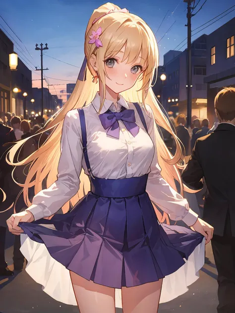 masterpiece,best quality,highres,cinematic lighting,dramatic angle,1girl,<lora:ShadowverseDionneV1-000015:0.8> ,smile,grey eyes,blonde hair,long hair,hair ornament,hair flower,bowtie,pleated collar,ponytail,white shirt,long sleeves,long purple skirt,(:3:0.68),blush,looking at viewer,streetscape,depth of field,crowd,lifting skirt,skirt lift,,cowboy shot