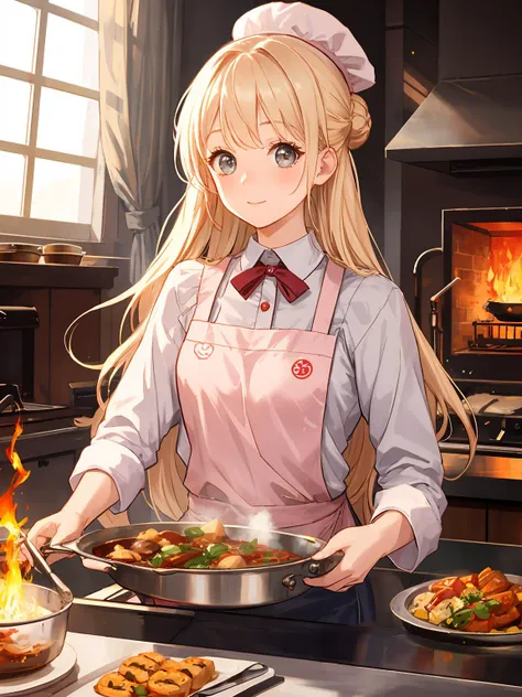 masterpiece,best quality,highres,cinematic lighting,dramatic angle,<lora:ShadowverseDionneV1-000015:0.8>,1girl,blonde hair,long hair,hair bun,grey eyes,chef hat,pink and white spots printed apron,long sleeves,cooking,looking at viewer,happy,(:d:0.68),depth of field,fire,fry pan,gas cooker,cowboy shot