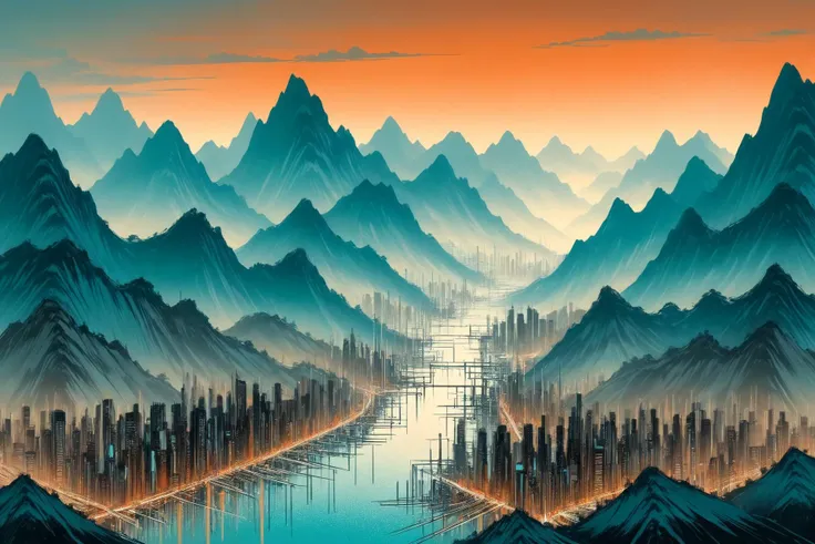 cityscape, mountains, mad-cbrpnksplshrt, <lora:Splash_Art_SDXL:1.2>, (masterpiece:1.2), best quality