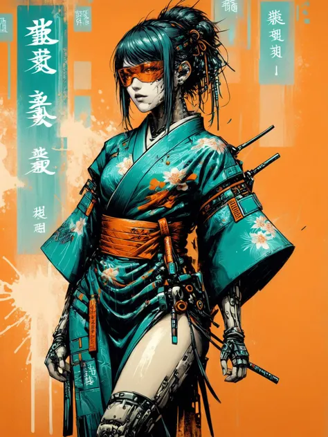 cyberpunk woman wearing a kimono, (mad-cbrpnksplshrt:1.4), <lora:Splash_Art_SDXL:1.3> orange background, (masterpiece:1.2), best quality