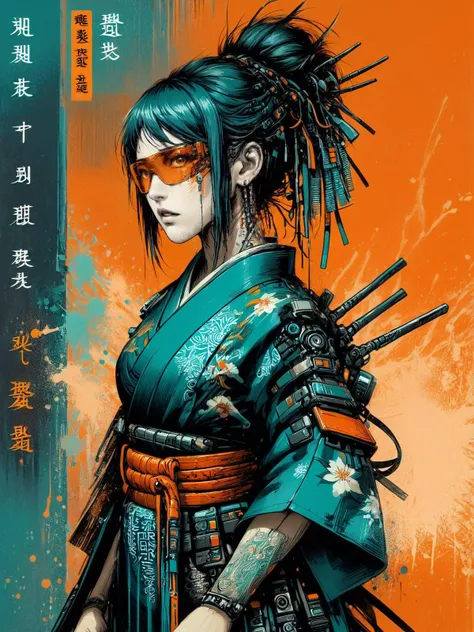 cyberpunk woman wearing a kimono, (mad-cbrpnksplshrt:1.4), <lora:Splash_Art_SDXL:1.3> orange background, (masterpiece:1.2), best quality