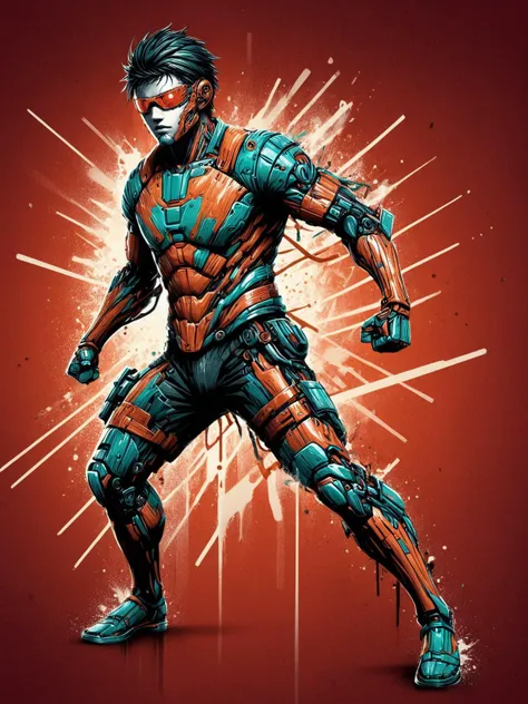 man, mad-cbrpnksplshrt, dynamic pose<lora:Splash_Art_SDXL:1.2> striped background, red background, (masterpiece:1.2), best quality