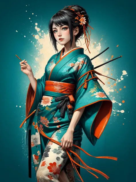 woman wearing a kimono, (mad-cbrpnksplshrt:1.4), <lora:Splash_Art_SDXL:1.3> teal background, (masterpiece:1.2), best quality