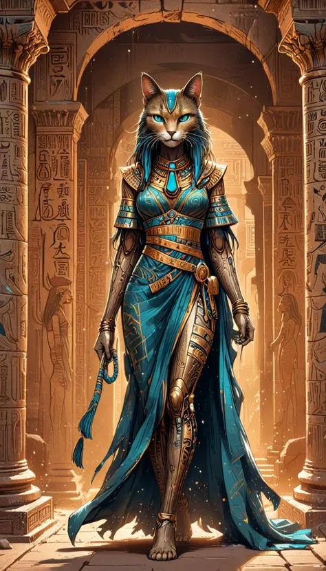 line art drawing sleek mad-cbrpnksplshrt egyptian cat goddess Bastet, walking out of a darkened elaborate sandstone temple, timeworn hieroglyphs, wearing flowing robe, radiant golden belt sash, sandals, dramatically lit by caustic lighting, <lora:Splash_Art_SDXL:0.8>, . professional, sleek, modern, minimalist, graphic, line art, vector graphics