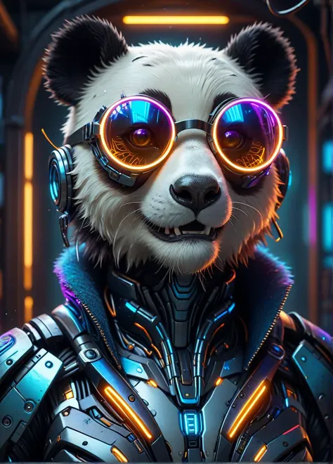 biomechanical cyberpunk cybernetic robot panda wearing goggles, warm neon volumetric lighting, ray tracing, cool colored portal in the background,gentle happy smile, <lora:Splash_Art_SDXL:0.3> mad-cbrpnksplshrt . cybernetics, human-machine fusion, dystopian, organic meets artificial, dark, intricate, highly detailed