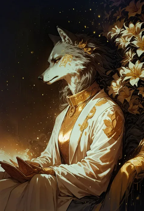 score_9, score_8_up, score_7_up, wolf, side view, sitting, opal, bright particles, darkness, gloom, golden cherry blossom tones, Japanese aesthetic, lilies, explosive bright particles in the form of sparks of light, gold collar, black theme, black background <lora:pony/twilight_style:0.8> <lora:pony/expressiveh:0.8> expressiveh <lora:pony/neon_cyberpunk_splash_art:0.8> <lora:sdxl/sinfully_stylish_sdxl>