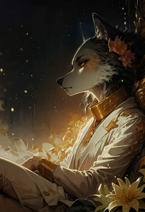 score_9, score_8_up, score_7_up, wolf, side view, sitting, opal, bright particles, darkness, gloom, golden cherry blossom tones, Japanese aesthetic, lilies, explosive bright particles in the form of sparks of light, gold collar, black theme, black background <lora:pony/twilight_style:0.8> <lora:pony/expressiveh:0.8> expressiveh <lora:pony/neon_cyberpunk_splash_art:0.8> <lora:sdxl/sinfully_stylish_sdxl>