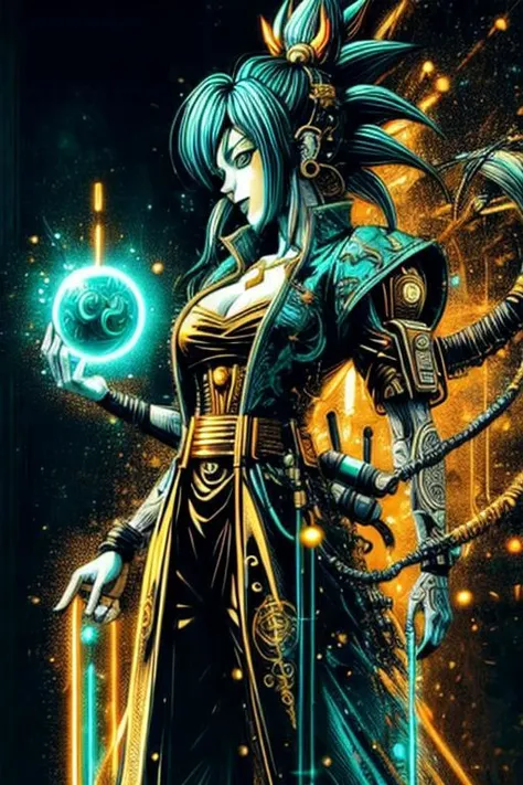 Princess Belle cyberpunk, golden ratio, Dragon ball Z, golden outlines, highly detailed, 8k, shiny aura <lora:Splash_Art_SD1.5:1> mad-cbrpnksplshrt <lora:more_details:1>