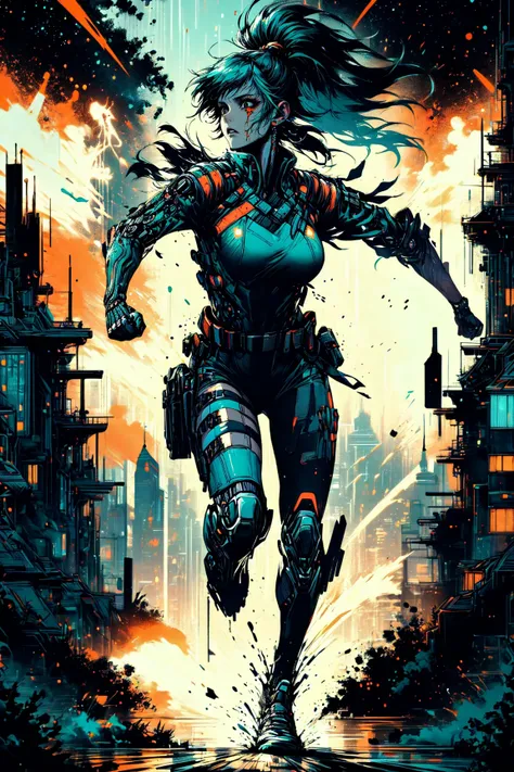 (masterpiece, best quality, detailed, polished, vibrant colors), cyberpunk, (solo), 1girl, ponytail, techwear, (starry night), futuristic, (running), fleeing, scared, afraid, terrified, dynamic, explosions of color, mad-cbrpnksplshrt <lora:Splash_Art_SD1.5:1.0>