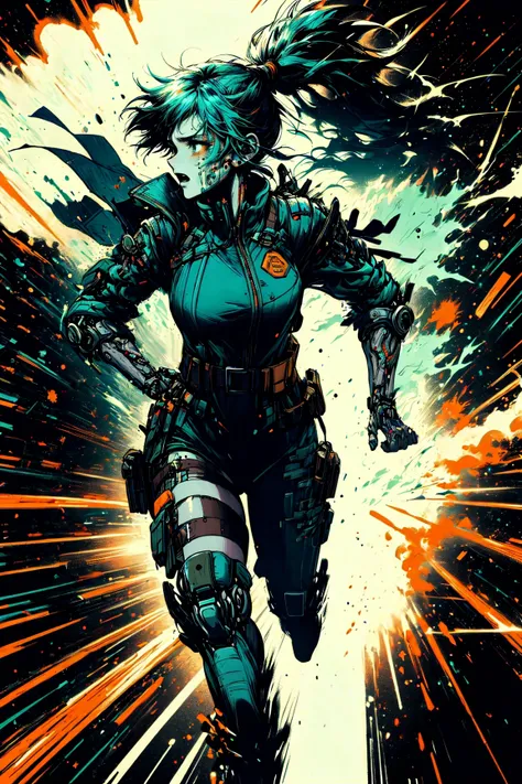 (masterpiece, best quality, detailed, polished, limited palette, vibrant), cyberpunk, (solo), 1girl, ponytail, techwear, (starry night), futuristic, (running), fleeing, scared, afraid, terrified, dynamic, explosions of color, mad-cbrpnksplshrt <lora:Splash_Art_SD1.5:1.0>