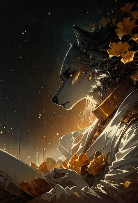 score_9, score_8_up, score_7_up, wolf, side view, sitting, opal, bright particles, darkness, gloom, golden cherry blossom tones, Japanese aesthetic, lilies, explosive bright particles in the form of sparks of light, gold collar, black theme, black background <lora:pony/twilight_style:0.8> <lora:pony/expressiveh:0.8> expressiveh <lora:pony/neon_cyberpunk_splash_art:0.8> <lora:sdxl/sinfully_stylish_sdxl>