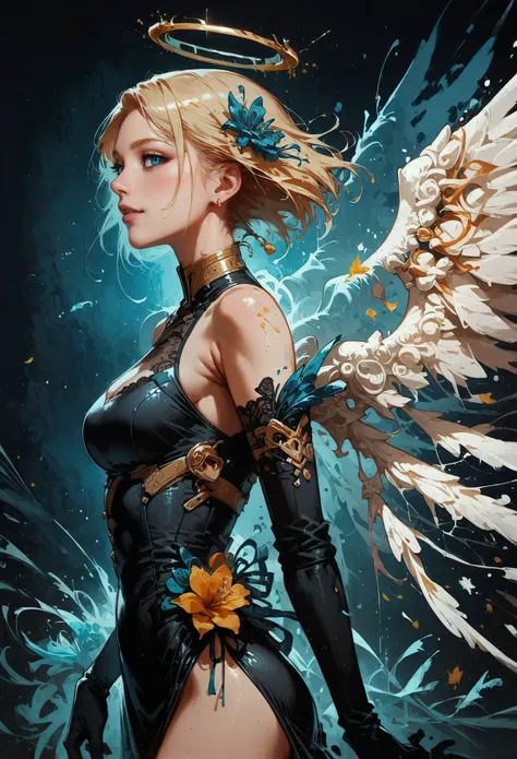 score_9, score_8_up, score_7_up, 1girl, angel, blonde hair, short hair, side view, standing, posing, black dress, opal, looking at viewer, white angel wings, feather wings, bright particles, darkness, gloom, black lace gloves, golden cherry blossom tones, Japanese aesthetic, lilies, explosive bright particles in the form of sparks of light, gold collar, black theme, black background <lora:pony/twilight_style:0.8> <lora:pony/expressiveh:0.8> expressiveh <lora:pony/neon_cyberpunk_splash_art:0.8> <lora:sdxl/sinfully_stylish_sdxl>