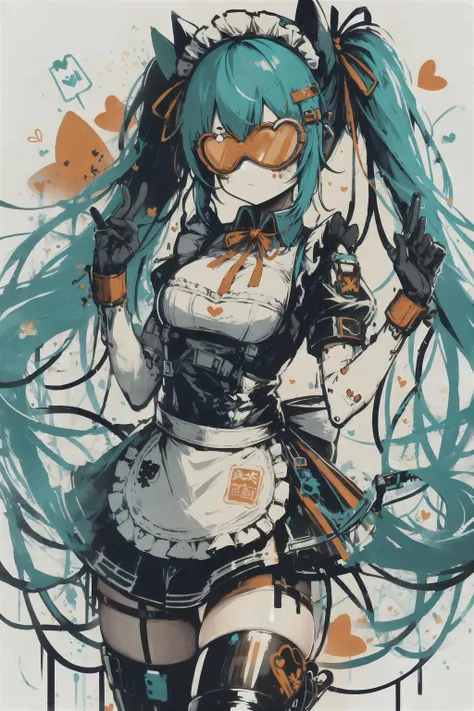 <lora:Splash_Art_SD1.5:1>mad-cbrpnksplshrt, latex maid, cute, pigtails, hearts, aviators