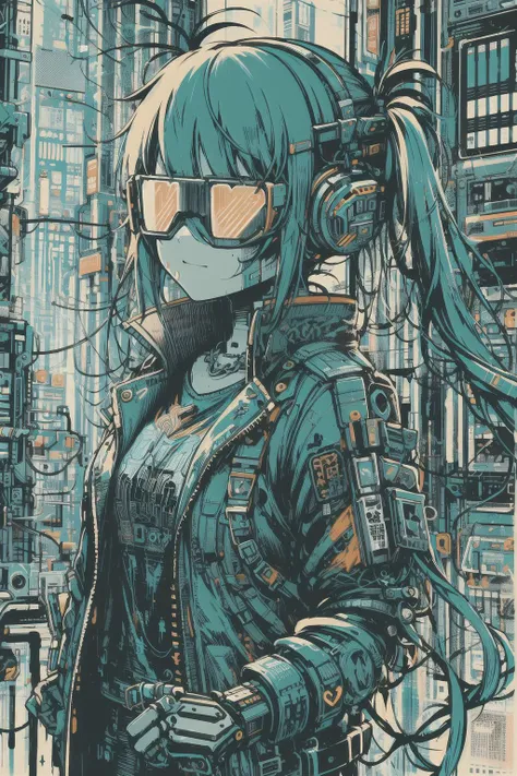 <lora:Splash_Art_SD1.5:1>mad-cbrpnksplshrt,cyberpunk,  cute, pigtails, hearts, aviators, headphones, cigaret