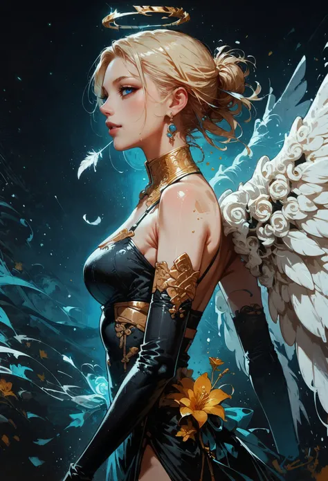 score_9, score_8_up, score_7_up, 1girl, angel, blonde hair, short hair, side view, standing, posing, black dress, opal, looking at viewer, white angel wings, feather wings, bright particles, darkness, gloom, black lace gloves, golden cherry blossom tones, Japanese aesthetic, lilies, explosive bright particles in the form of sparks of light, gold collar, black theme, black background <lora:pony/twilight_style:0.8> <lora:pony/expressiveh:0.8> expressiveh <lora:pony/neon_cyberpunk_splash_art:0.8> <lora:sdxl/sinfully_stylish_sdxl>