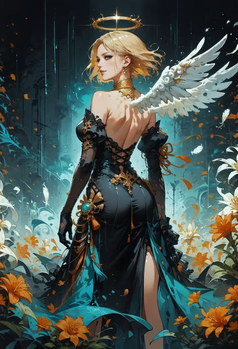 score_9, score_8_up, score_7_up, 1girl, angel, blonde hair, short hair, back view, standing, posing, black dress, opal, looking at viewer, white angel wings, feather wings, bright particles, darkness, gloom, black lace gloves, golden cherry blossom tones, Japanese aesthetic, lilies, explosive bright particles in the form of sparks of light, gold collar, black theme, black background <lora:pony/twilight_style:0.8> <lora:pony/expressiveh:0.8> expressiveh <lora:pony/neon_cyberpunk_splash_art:0.8>