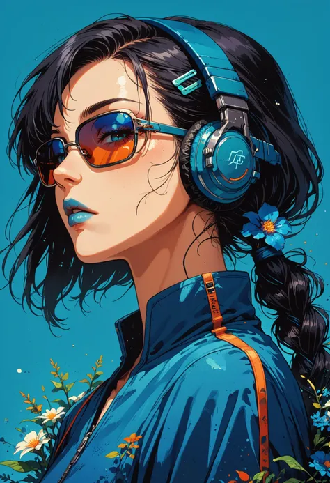 score_9, score_8_up, score_7_up, 1girl, upper body, looking at viewer, sunglasses, blue headphones, asymetric bangs, black hair, half-closed eyes, low ponytail, braided ponytail, blue lips, blue flower hairclip, blue shirt, three-quarter view, parted lips, blue background, black dark blue, low contrast, <lora:Kenva:0.8> knva, halftone effect, <lora:Neon_Splash_Art_for_Pony:0.5> mad-cbrpnksplshrt