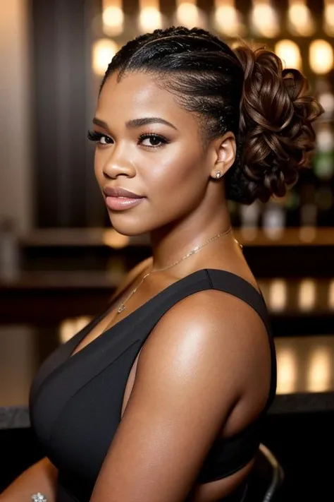 portrait photo of kamie beautiful woman hair updo upsweep nightclub sitting at bar (masterpiece) (best quality) (detailed) (8k) (HDR) (wallpaper) (cinematic lighting) (sharp focus) (intricate)