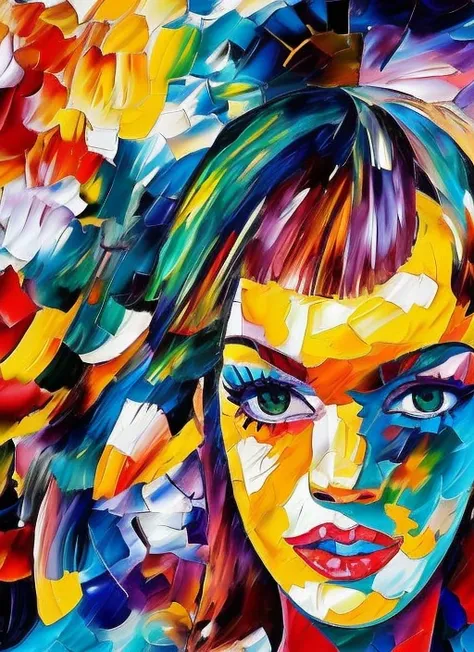 (l4lisa), masterpiece, best quality, flat colors, flat shading, watercolors, dutch angle, vertigo, skinny, slim, choker, beautiful intricate multicolored hair, messy hair, detailed face, deep eyes, by russ mills, by patrice murciano, by takashi murakami, by yoji shinkawa, by miho hirano, by satoshi kon, by pablo picasso, by victo ngai, background by leonid afremov, high contrast
