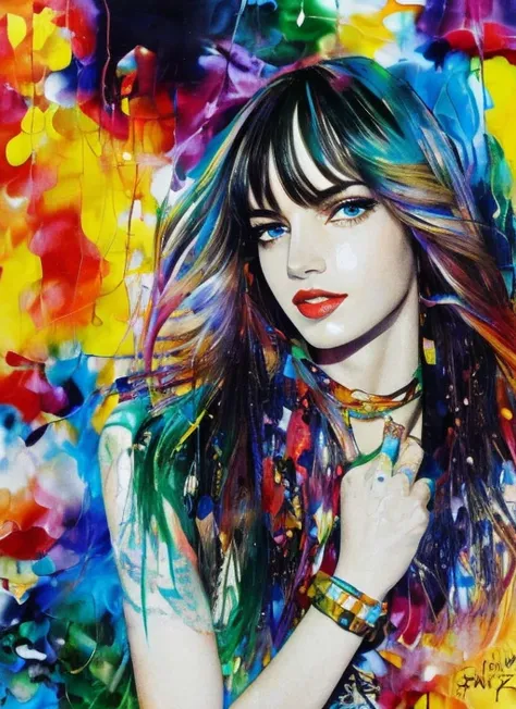 (l4lisa), masterpiece, best quality, flat colors, skinny, slim, choker, beautiful intricate multicolored hair, messy hair, wet hair, detailed face, deep eyes, rain, by russ mills, by yoji shinkawa, by miho hirano, by patrice murciano, (by alphonse mucha:0.9), background by leonid afremov, abstract background