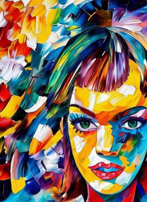 (l4lisa), masterpiece, best quality, flat colors, flat shading, watercolors, dutch angle, vertigo, skinny, slim, choker, beautiful intricate multicolored hair, messy hair, detailed face, deep eyes, by russ mills, by patrice murciano, by takashi murakami, by yoji shinkawa, by miho hirano, by satoshi kon, by pablo picasso, by victo ngai, background by leonid afremov, high contrast
