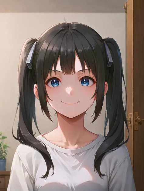 Anime girl with long black hair and blue eyes standing in front of a ...
