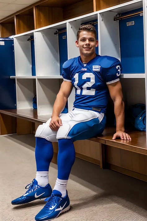 in an American football locker room, (sitting on a bench), legs spread open, JeroenMondrian, American football player wearing American football uniform, American football shoulder pads, (((blue jersey))), jersey number 12, ((blue football pants and pads)), (white socks), (blue sneakers), slight smile, masterpiece, (((full body portrait))), full body shot <lora:JeroenMondrian-000008:0.75>
