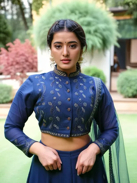 photo of a 30-year-old ketika sharma woman,full body,  Navy Blue colored modest high neck Patiala Suit, looking at camera, hair tied, soft lighting, outdoors garden in bokeh  <lora:Ketika_Sharma_SDXL_LoRA_adafactor:1>