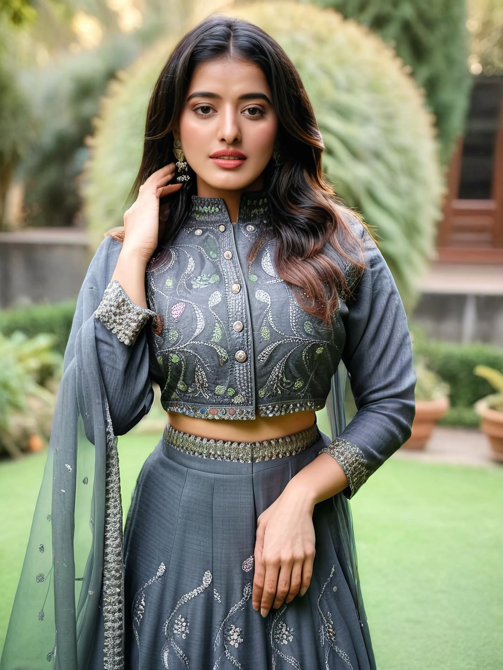 photo of a 30-year-old ketika sharma woman,full body, Charcoal colored modest high neck Punjabi Suit, looking at camera, , soft lighting, outdoors garden in bokeh <lora:Ketika_Sharma_SDXL_LoRA_adafactor:1>
