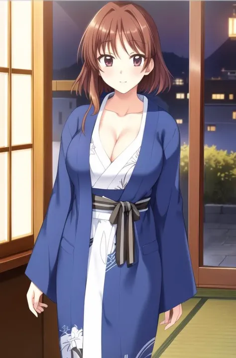 (Night:1.7), Japan, Tokyo, CityView, Before Window,
Standing at attention,
blue jacket.Blue_kimono,white_shirt,cleavage, collarbone,open_clothes, open_kimono,yukata,
japanese_clothes,
<lora:Tanaka_Misaki_Kanojo-KK77-V1:0.7>,<lora:saiminSeishidou:0.2>,
brown_hair,brown_eyes,short_hair,
1 girl, 20yo,mature female,Beautiful Finger,Beautiful long legs,Beautiful body,Beautiful Nose,Beautiful character design, perfect eyes, perfect face,
looking at viewer, 
NSFW,official art,extremely detailed CG unity 8k wallpaper, perfect lighting,Colorful, Bright_Front_face_Lighting,
(masterpiece:1.0),(best_quality:1.0), ultra high res,4K,ultra-detailed,
photography, 8K, HDR, highres, absurdres:1.2, Kodak portra 400, film grain, blurry background, bokeh:1.2, lens flare, (vibrant_color:1.2)
(Beautiful,large_Breasts:1.4), (beautiful_face:1.5),(narrow_waist),