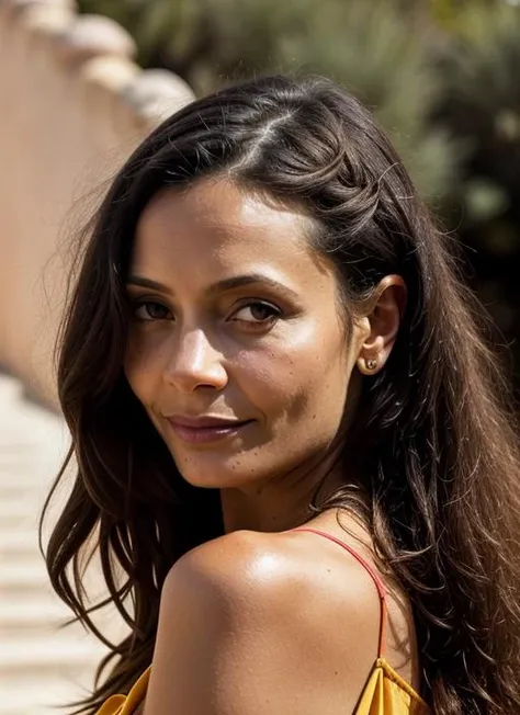 portrait of sks woman in Barcelona, at Park Guell, by Flora Borsi, style by Flora Borsi, bold, bright colours, ((Flora Borsi)), by Peter Lindbergh, <lora:lora-small-thandiwe-newton-v1:1>