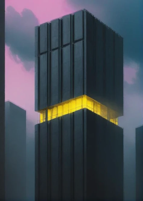 Skyscraper, pollution, dark ambiance, geometrical architecture, brutalist, cube, black silver smoke, blue sky, white clouds, scifi style, yellow light windows, black birds, industrial, minimalist, darkblock, cinematic, oil painting style, in the sky, magenta, beautiful and aesthetic, highly detailed, high quality view from afar <lora:Dark.Block:1>