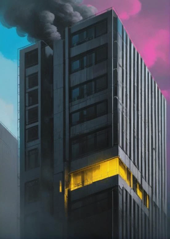 Skyscraper, pollution, dark ambiance, geometrical architecture, brutalist, cube, black silver smoke, blue sky, white clouds, scifi style, yellow light windows, black birds, industrial, minimalist, darkblock, cinematic, oil painting style, in the sky, magenta, beautiful and aesthetic, highly detailed, high quality view from afar <lora:Dark.Block:1>