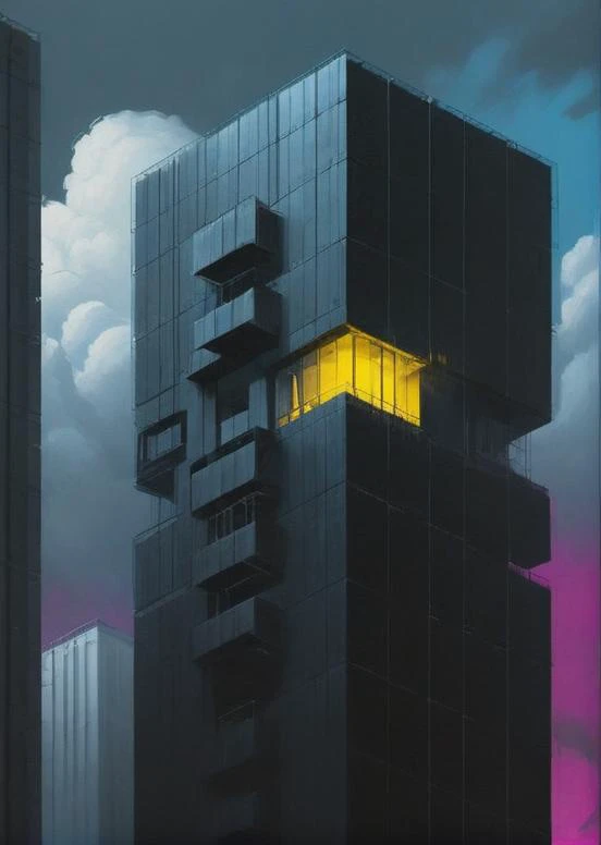 Skyscraper, pollution, dark ambiance, geometrical architecture, brutalist, cube, black silver smoke, blue sky, white clouds, scifi style, yellow light windows, black birds, industrial, minimalist, darkblock, cinematic, oil painting style, in the sky, magenta, beautiful and aesthetic, highly detailed, high quality view from afar <lora:Dark.Block:1>