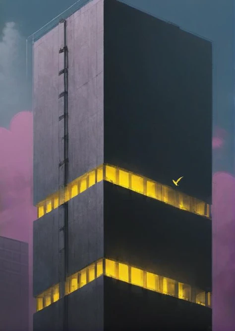 Skyscraper, pollution, dark ambiance, geometrical architecture, brutalist, cube, black silver smoke, blue sky, white clouds, scifi style, yellow light windows, black birds, industrial, minimalist, darkblock, cinematic, oil painting style, in the sky, magenta, beautiful and aesthetic, highly detailed, high quality view from afar <lora:Dark.Block:1>