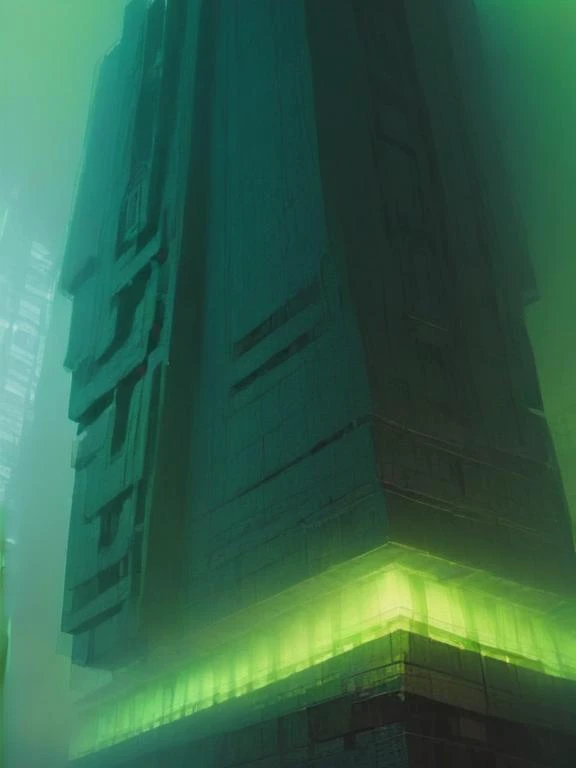 block flying in air, green smoke, blade runner, architecture complex, neon, scifi, dark, brutalist <lora:Charbon:1.5>