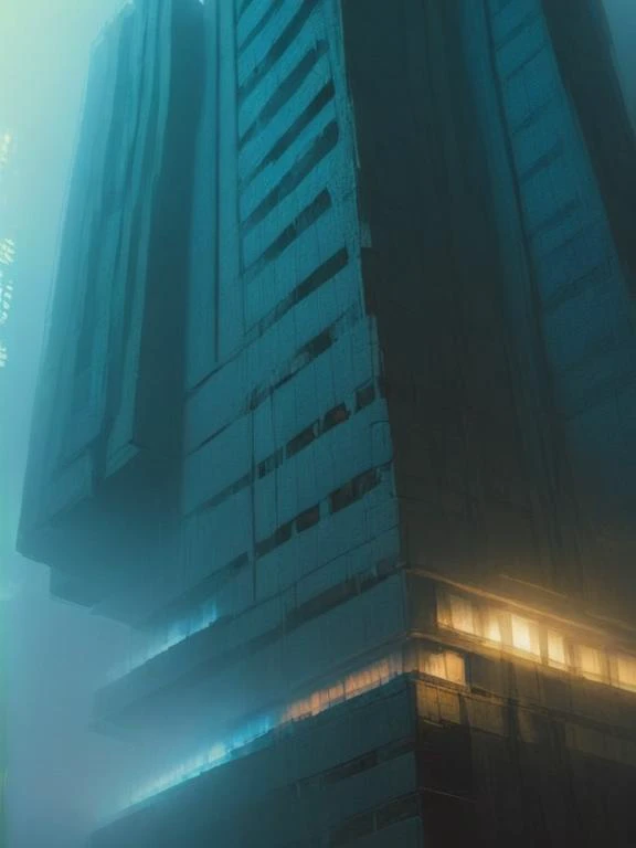 block flying in air, blue smoke, blade runner, architecture complex, neon, scifi, dark, brutalist <lora:Charbon:1.5>