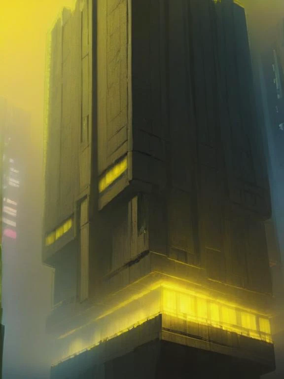 block flying in air, yellow smoke, blade runner, architecture complex, neon, scifi, dark, brutalist <lora:Charbon:1.5>