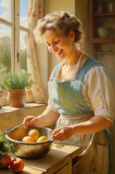 <lora:Sophie Gengembre Anderson Style:1> Sophie Gengembre Anderson Style , painting of A highly detailed mother in her kitchen preparing meal, window sunny day, happy, smiling,