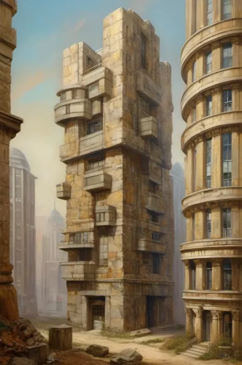 <lora:Sophie Gengembre Anderson Style:1> Sophie Gengembre Anderson Style , painting of Office Buildings, Conglomerate stone, science fiction, building, architecture