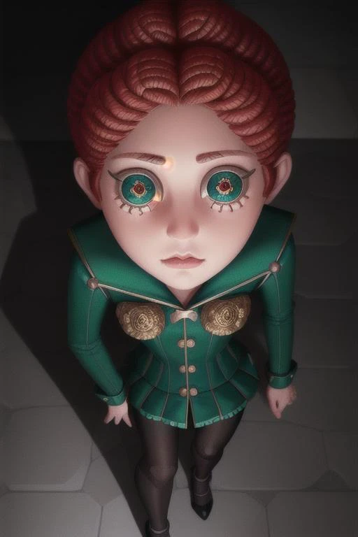 <lora:identityV_v30:0.8> IDENTITY V
BUTTON EYES, proportional eyes, (realistic:1.5), extremely detailed, hyper detailed, soft lighting, detailed background, extreme detail background, sharp details, beautiful face, symmetrical eyes, short red hair, short hair, red hair, green eyes, woman, high quality, (full body:1.3),