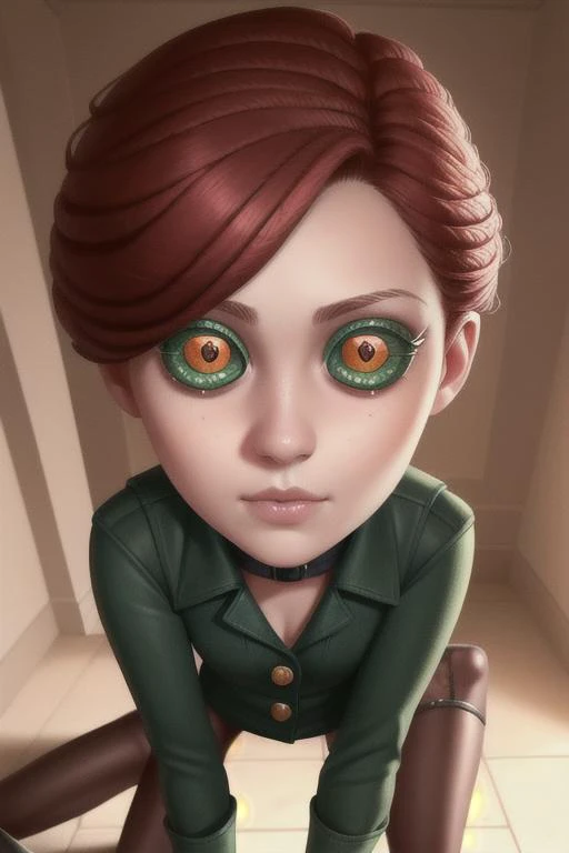 <lora:identityV_v30:0.4> IDENTITY V
BUTTON EYES, straight on, front view, proportional eyes, (realistic:1.5), extremely detailed, hyper detailed, soft lighting, detailed background, extreme detail background, sharp details, beautiful face, symmetrical eyes, short red hair, short hair, red hair, green eyes, woman, high quality, (full body:1.3),