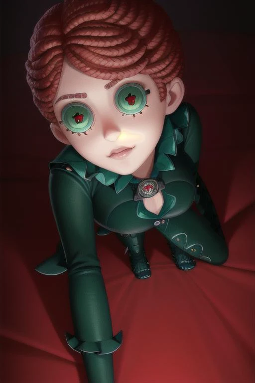 <lora:identityV_v30:0.8> IDENTITY V
BUTTON EYES, straight on, front view, proportional eyes, (realistic:1.5), extremely detailed, hyper detailed, soft lighting, detailed background, extreme detail background, sharp details, beautiful face, symmetrical eyes, short red hair, short hair, red hair, green eyes, woman, high quality, (full body:1.3),