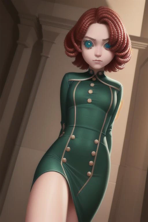 <lora:identityV_v30:0.6> IDENTITY V
BUTTON EYES, straight on, front view, proportional eyes, (realistic:1.5), extremely detailed, hyper detailed, soft lighting, detailed background, extreme detail background, sharp details, beautiful face, symmetrical eyes, short red hair, short hair, red hair, green eyes, woman, high quality, (full body:1.3),